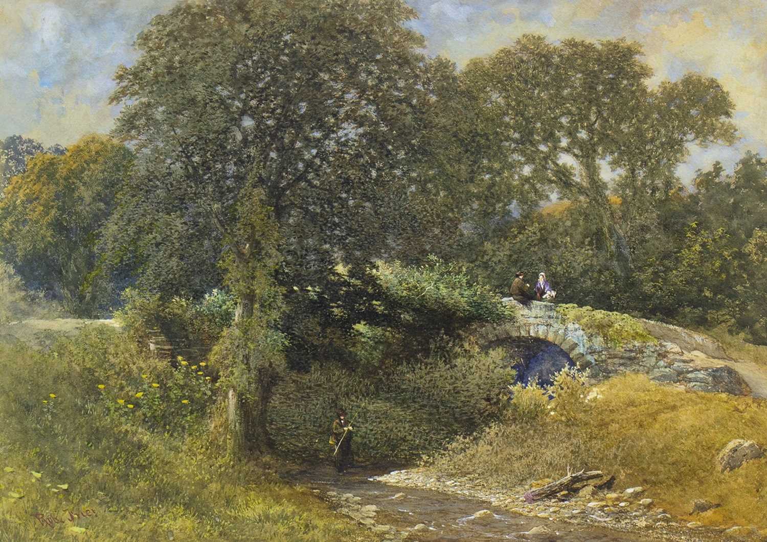 Lot 682 - TWO FIGURES ON A BRIDGE, A WATERCOLOUR BY ROBERT FRIER