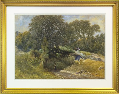 Lot 682 - TWO FIGURES ON A BRIDGE, A WATERCOLOUR BY ROBERT FRIER