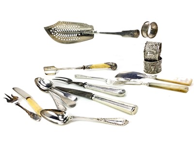 Lot 524 - A VICTORIAN SILVER FISH SLICE ALONG WITH OTHER SILVER FLATWARE