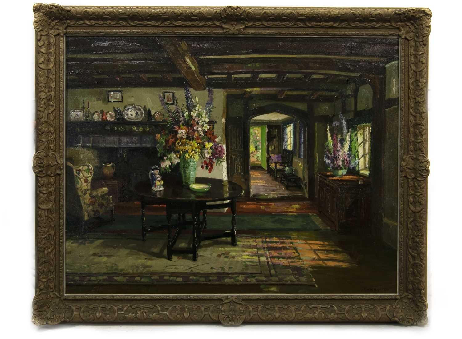 Lot 180 - COTTAGE INTERIOR, AN OIL BY HERBERT DAVIS RICHTER
