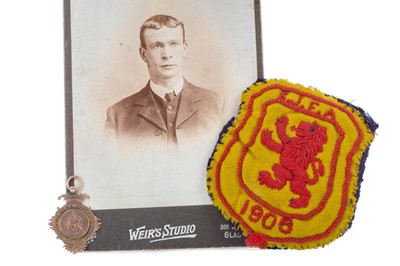 Lot 1495 - ANDREW DONALDSON, S.J.F.A. CAP AND SHIRT CREST, ALONG WITH A MEDAL AND PHOTO