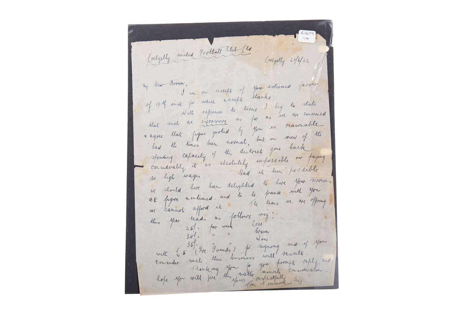Lot 1572 - WILLIE BROWN OF LOCHGELLY F.C., TWO LETTERS