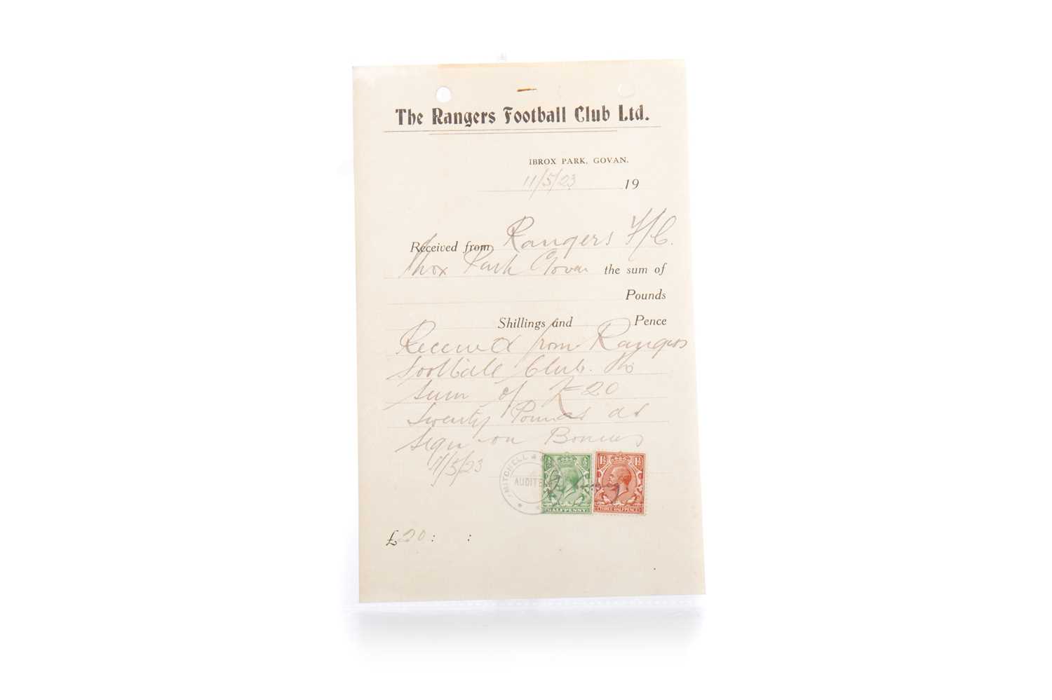 Lot 1550 - THOMAS 'TULLY' CRAIG OF RANGERS F.C., SIGNED EXPENSES DOCUMENT