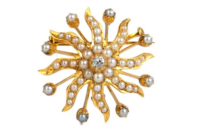 Lot 440 - DIAMOND AND SEED PEARL SUNBURST BROOCH