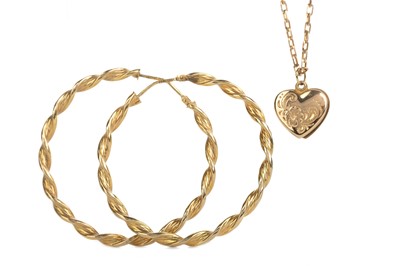 Lot 495 - PAIR OF GOLD HOOP EARRINGS ALONG WITH A LOCKET ON CHAIN