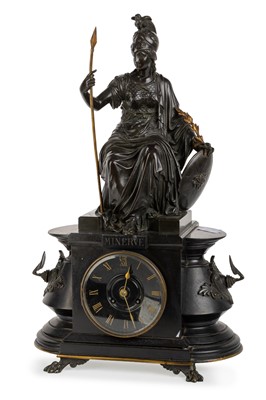Lot 806 - VICTORIAN BRONZE AND BLACK SLATE MANTEL CLOCK