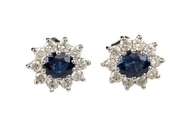 Lot 600 - PAIR OF SAPPHIRE AND DIAMOND CLUSTER EARRINGS