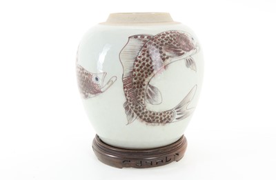 Lot 826 - CHINESE 'THREE FISH' GLAZED GINGER JAR