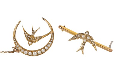 Lot 599 - TWO SEED PEARL SWALLOW BROOCHES