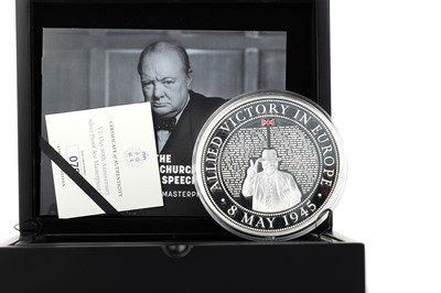 Lot 70 - WINSTON CHURCHILL - VE DAY 80TH ANNIVERSARY SILVER PROOF 5oz MASTERPIECE COIN