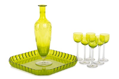 Lot 1197 - IN THE MANNER OF SAINT LOUIS, GREEN GLASS LIQUEUR SET