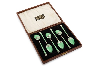 Lot 37 - SET OF SIX GEORGE V ART DECO SILVER AND ENAMEL COFFEE SPOONS