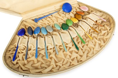 Lot 54 - SET OF NORWEGIAN SILVER GILT AND HARLEQUIN ENAMEL SPOONS