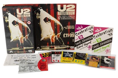 Lot 197 - U2- ORIGINAL VHS DISPLAY, BACKSTAGE PASSES & TICKETS COLLECTION