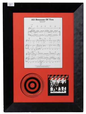 Lot 412 - U2- “ALL BECAUSE OF YOU” SIGNED SHEET MUSIC DISPLAY WITH CD AND ALBUM ART