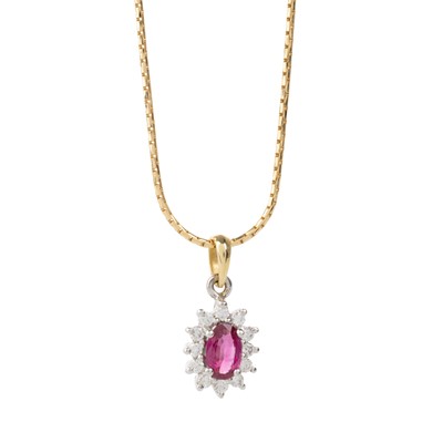 Lot 548 - RUBY AND DIAMOND PENDANT ON CHAIN