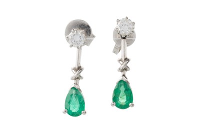 Lot 564 - PAIR OF EMERALD AND DIAMOND DROP EARRINGS