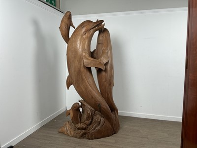 Lot 1425 - LARGE CARVED TEAK DOLPHIN FIGURAL GROUP