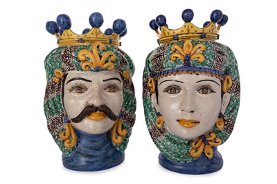 Lot 1590 - PAIR OF ITALIAN MAJOLICA FIGURAL VASES