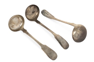 Lot 130 - THREE WILLIAM IV SILVER TODDY LADLES