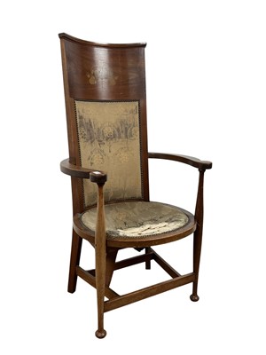 Lot 1619 - ART & CRAFTS MAHOGANY HIGH BACK ARMCHAIR