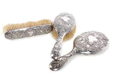 Lot 143 - VICTORIA SILVER THREE PIECE SILVER DRESSING TABLE SET