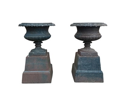 Lot 1795 - PAIR OF CAST IRON GARDEN URN PLANTERS