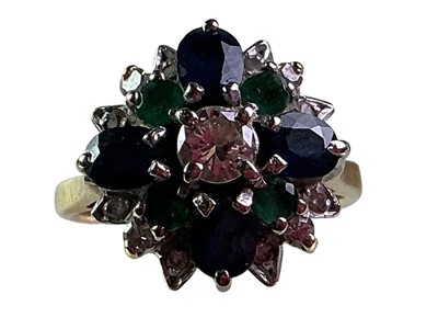 Lot 335 - DIAMOND, SAPPHIRE AND EMERALD CLUSTER RING