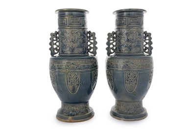 Lot 1744 - PAIR OF DUNMORE POTTERY ‘CHINESE’ DOUBLE HANDLED BALUSTER VASES