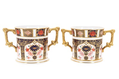 Lot 1777 - PAIR OF ROYAL CROWN DERBY TWIN HANDLED LOVING CUPS