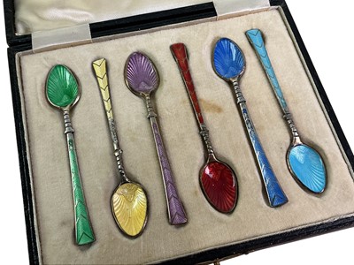 Lot 523 - SET OF SIX ELIZABETH II SILVER AND ENAMEL COFFEE SPOONS