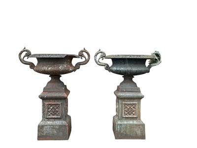Lot 1793 - PAIR OF CAST IRON GARDEN URN PLANTERS