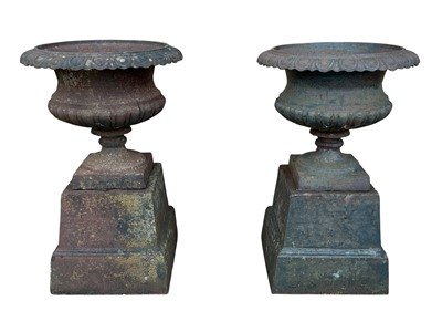 Lot 1796 - SET OF FOUR CAST IRON GARDEN URN PLANTERS