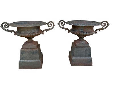 Lot 1800 - PAIR OF CAST IRON GARDEN URN PLANTERS